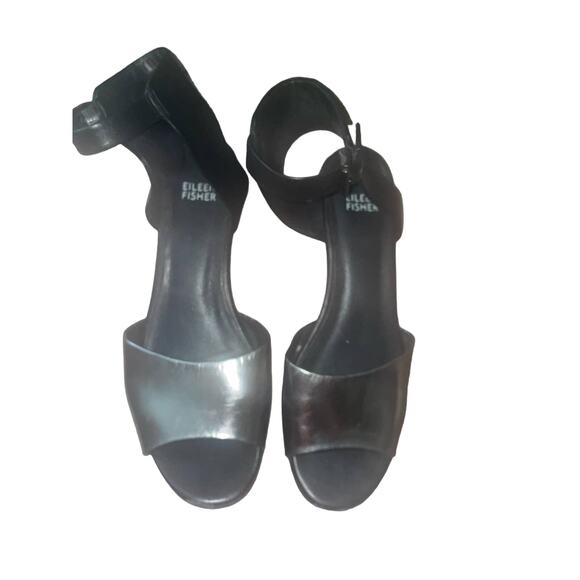 Eileen vm Fisher Vero Cuoio Black Metallic Silver Buckle Leather Sz 8.5 Sandal C - Picture 4 of 9